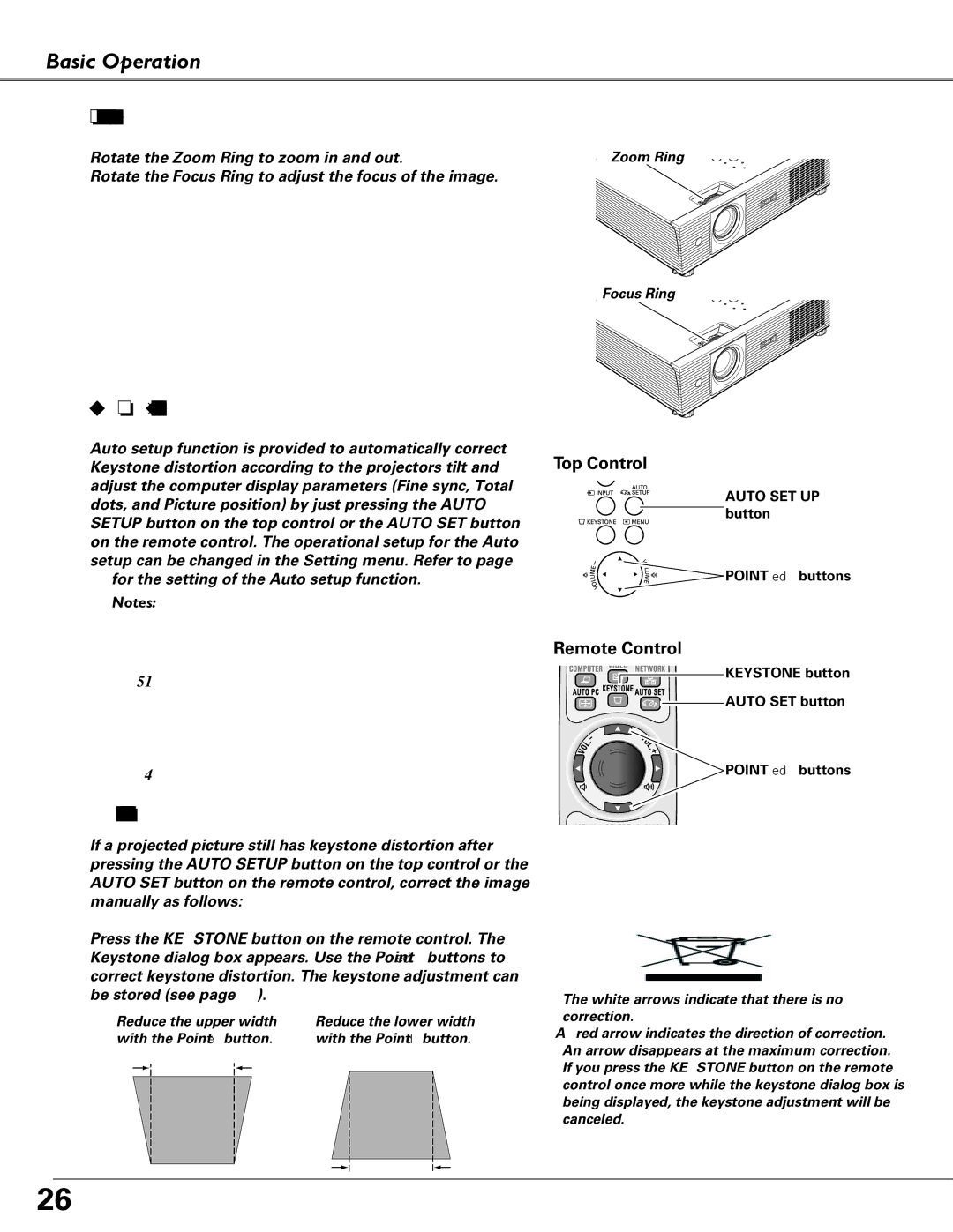 Eiki LC-XB40N owner manual Basic Operation Zoom and Focus Adjustment, Auto Setup Function, Keystone Correction 