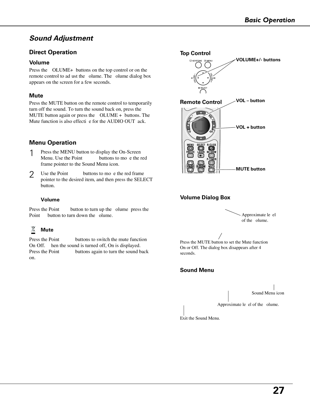 Eiki LC-XB40N owner manual Basic Operation Sound Adjustment, Direct Operation, Menu Operation 