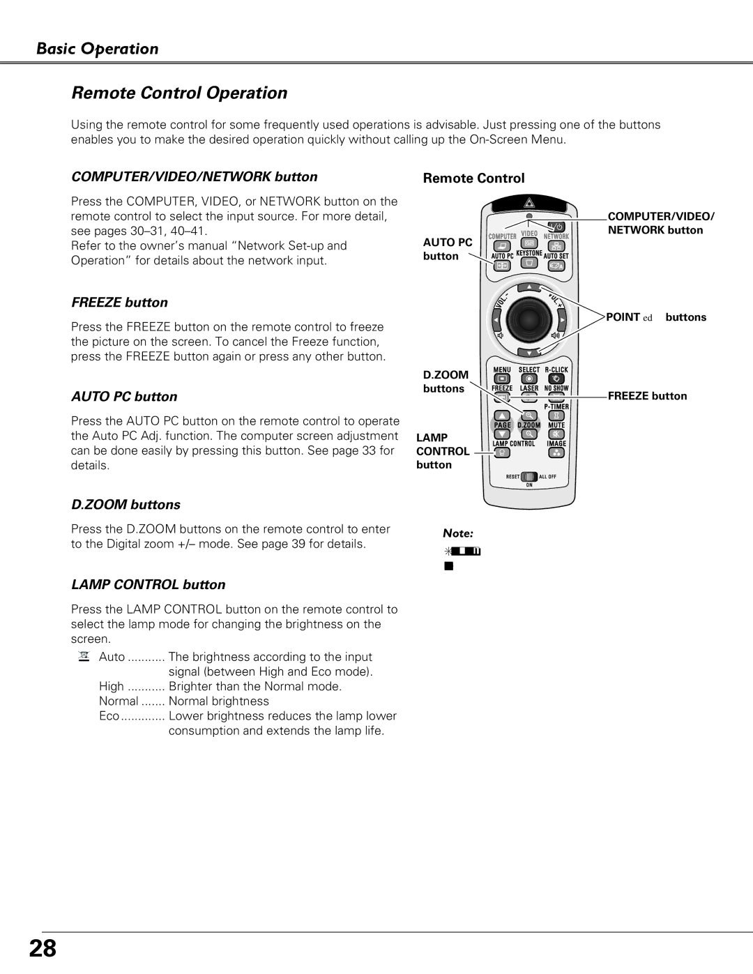 Eiki LC-XB40N owner manual Basic Operation Remote Control Operation, COMPUTER/VIDEO/NETWORK button 