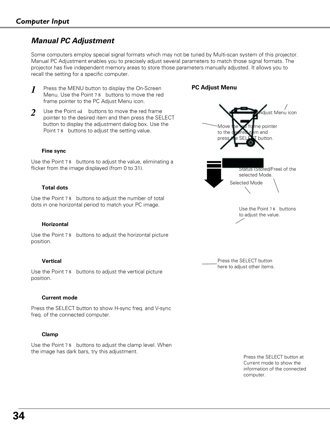 Eiki LC-XB40N owner manual Computer Input Manual PC Adjustment 