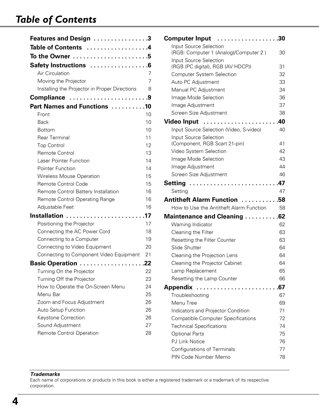 Eiki LC-XB40N owner manual Table of Contents 