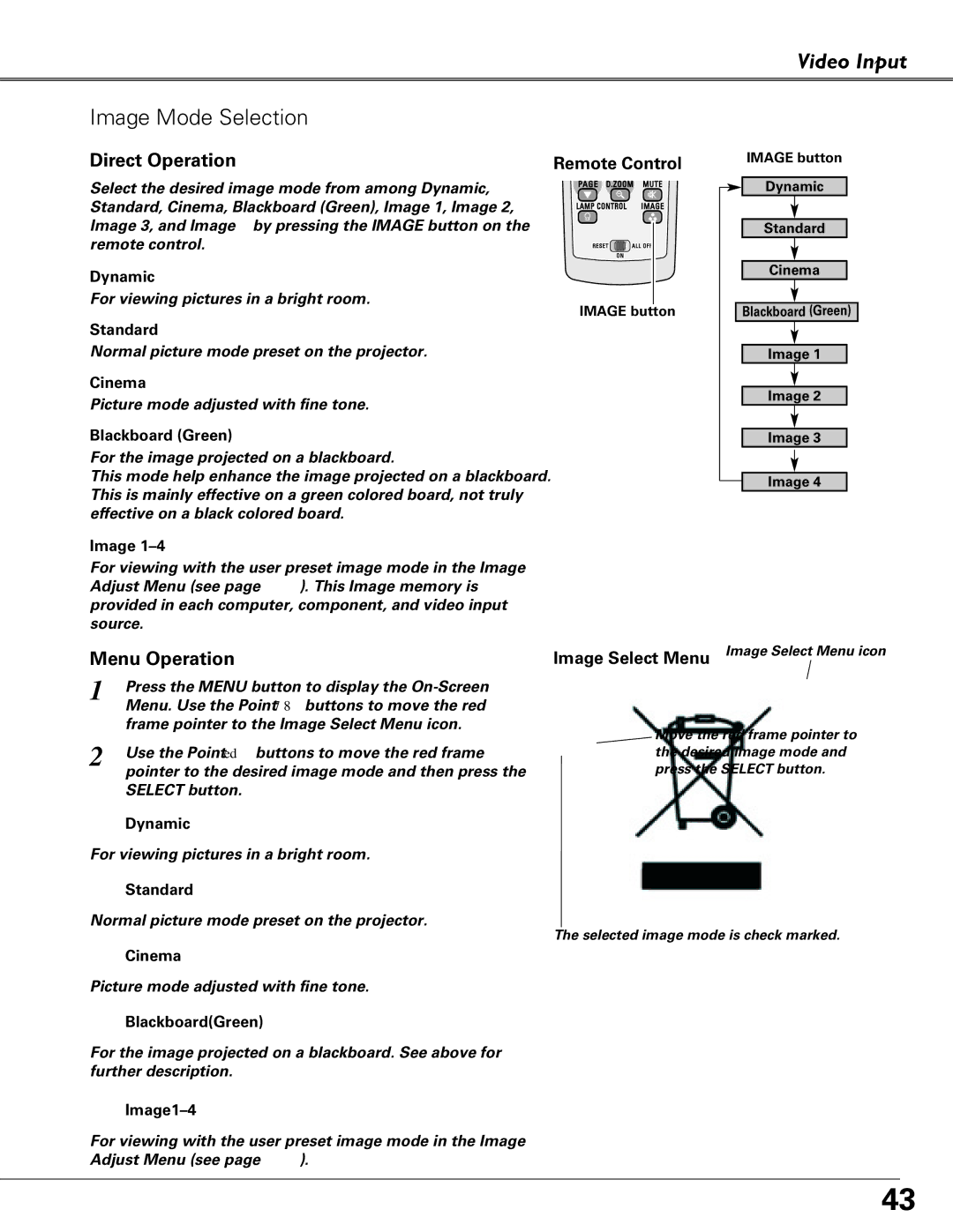 Eiki LC-XB40N owner manual Video Input Image Mode Selection, Cinema, Image1-4 