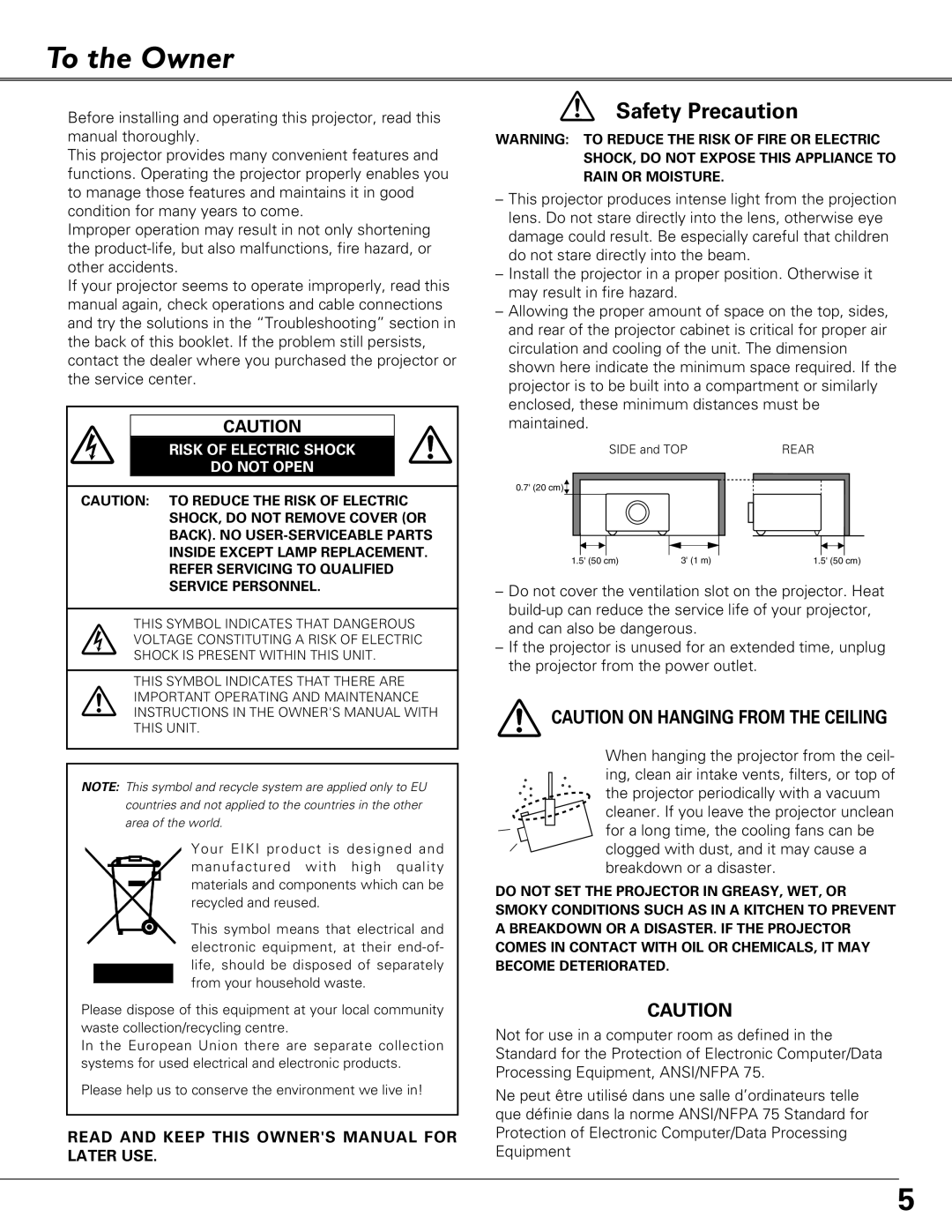 Eiki LC-XB40N owner manual To the Owner, Risk of Electric Shock Do not Open 