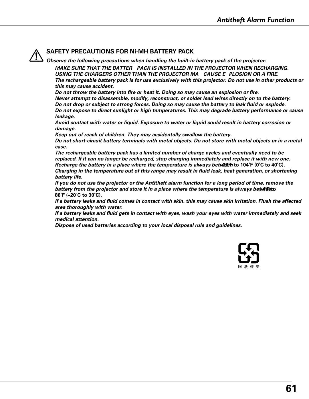 Eiki LC-XB40N owner manual Safety Precautions for Ni-MH Battery Pack 