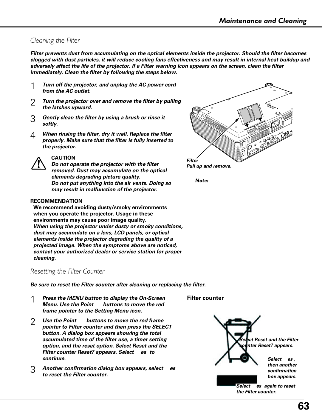 Eiki LC-XB40N owner manual Maintenance and Cleaning Cleaning the Filter, Resetting the Filter Counter 