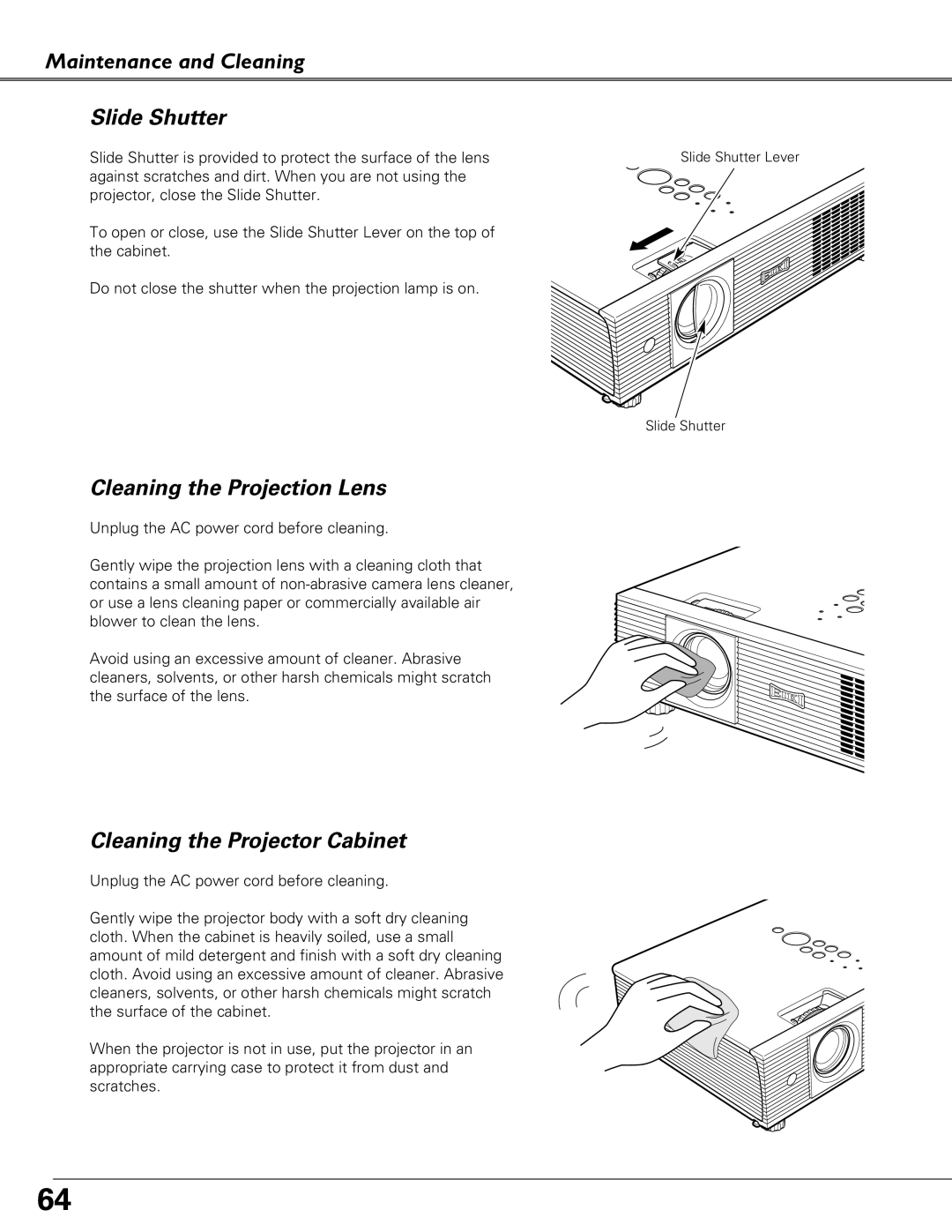 Eiki LC-XB40N Maintenance and Cleaning Slide Shutter, Cleaning the Projection Lens, Cleaning the Projector Cabinet 