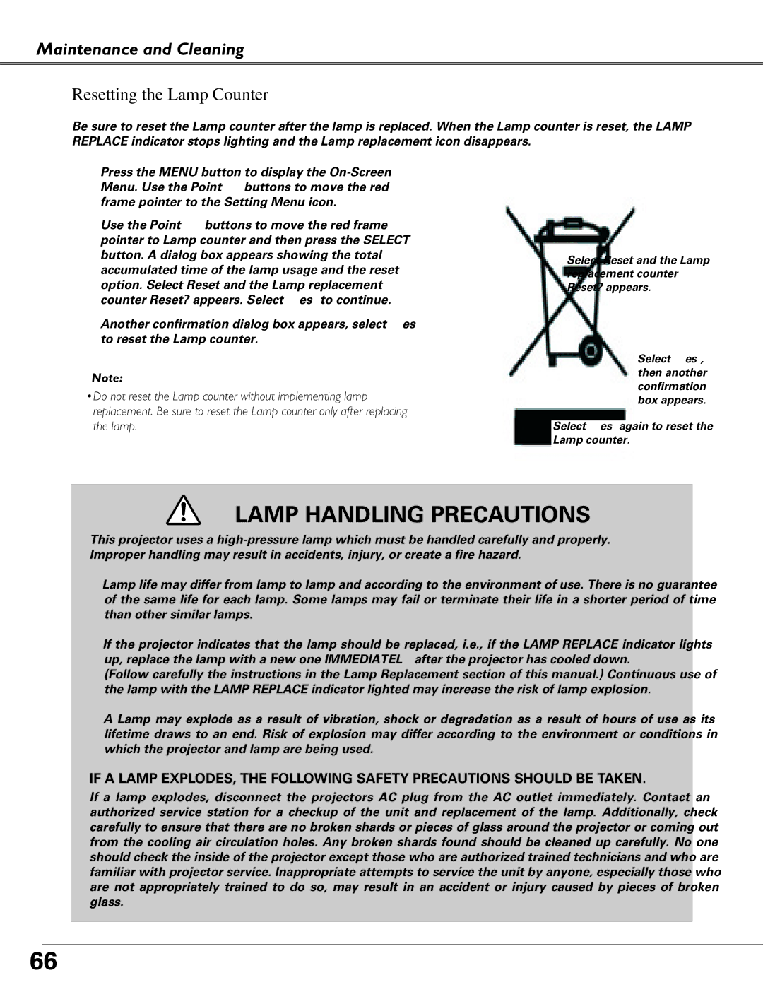 Eiki LC-XB40N owner manual Lamp Handling Precautions, Maintenance and Cleaning Resetting the Lamp Counter 