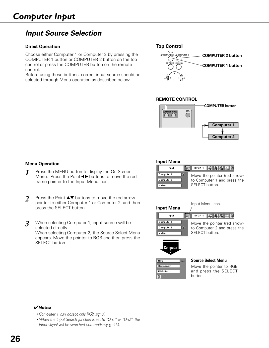 Eiki LC-XB41 Computer Input, Input Source Selection, Direct Operation, Menu Operation, Remote Control, Input Menu 