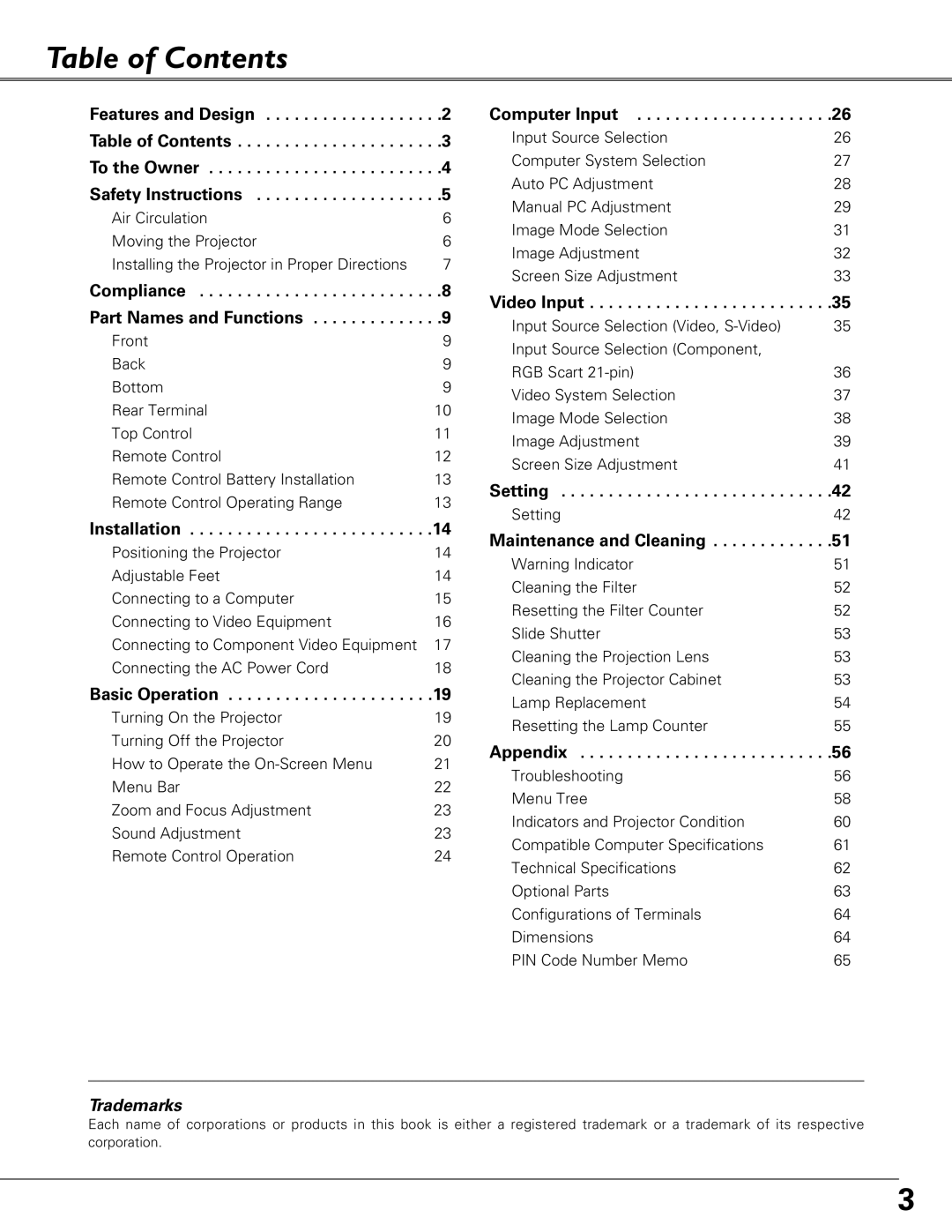 Eiki LC-XB41 owner manual Table of Contents, Trademarks 