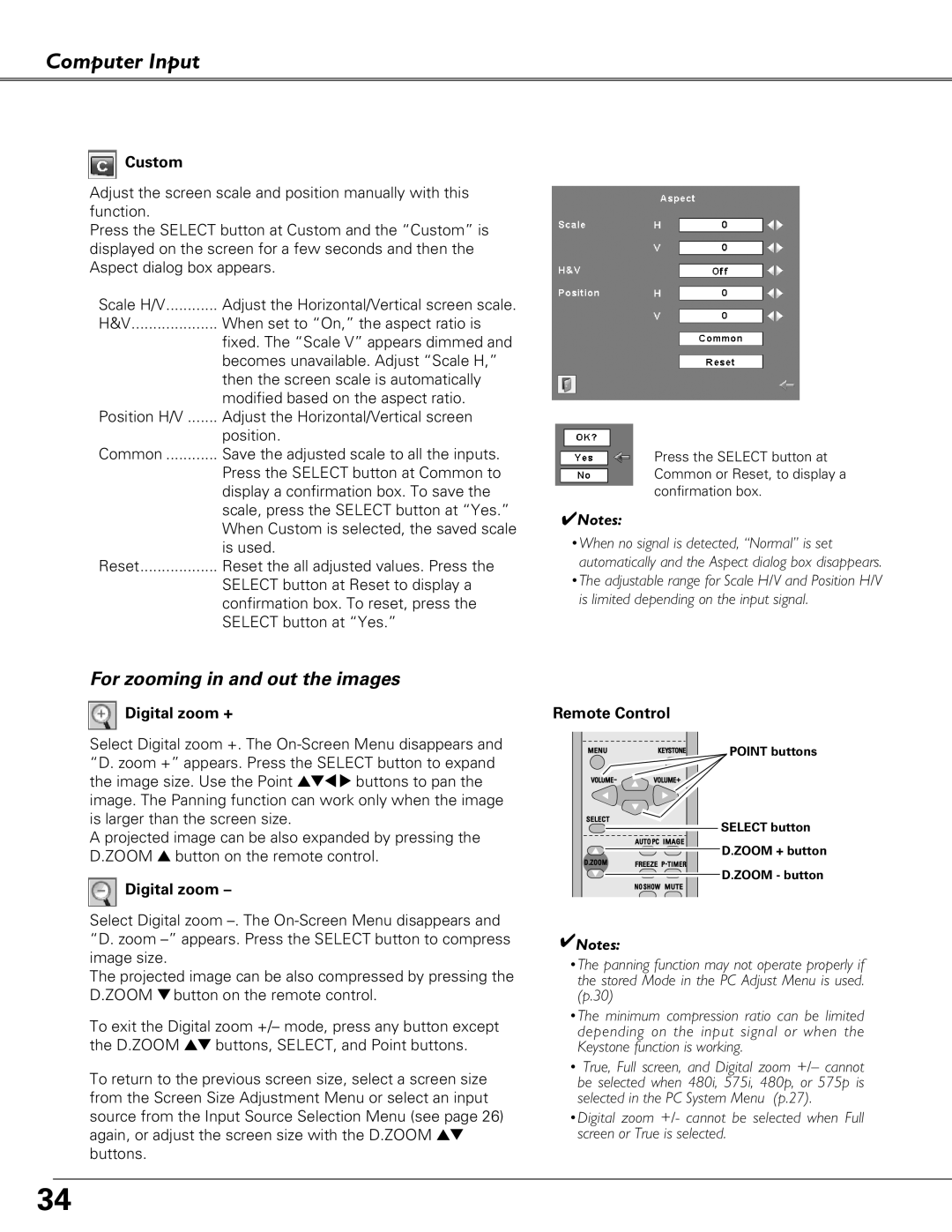 Eiki LC-XB41 owner manual For zooming in and out the images, Computer Input, Custom, Digital zoom +, Remote Control 