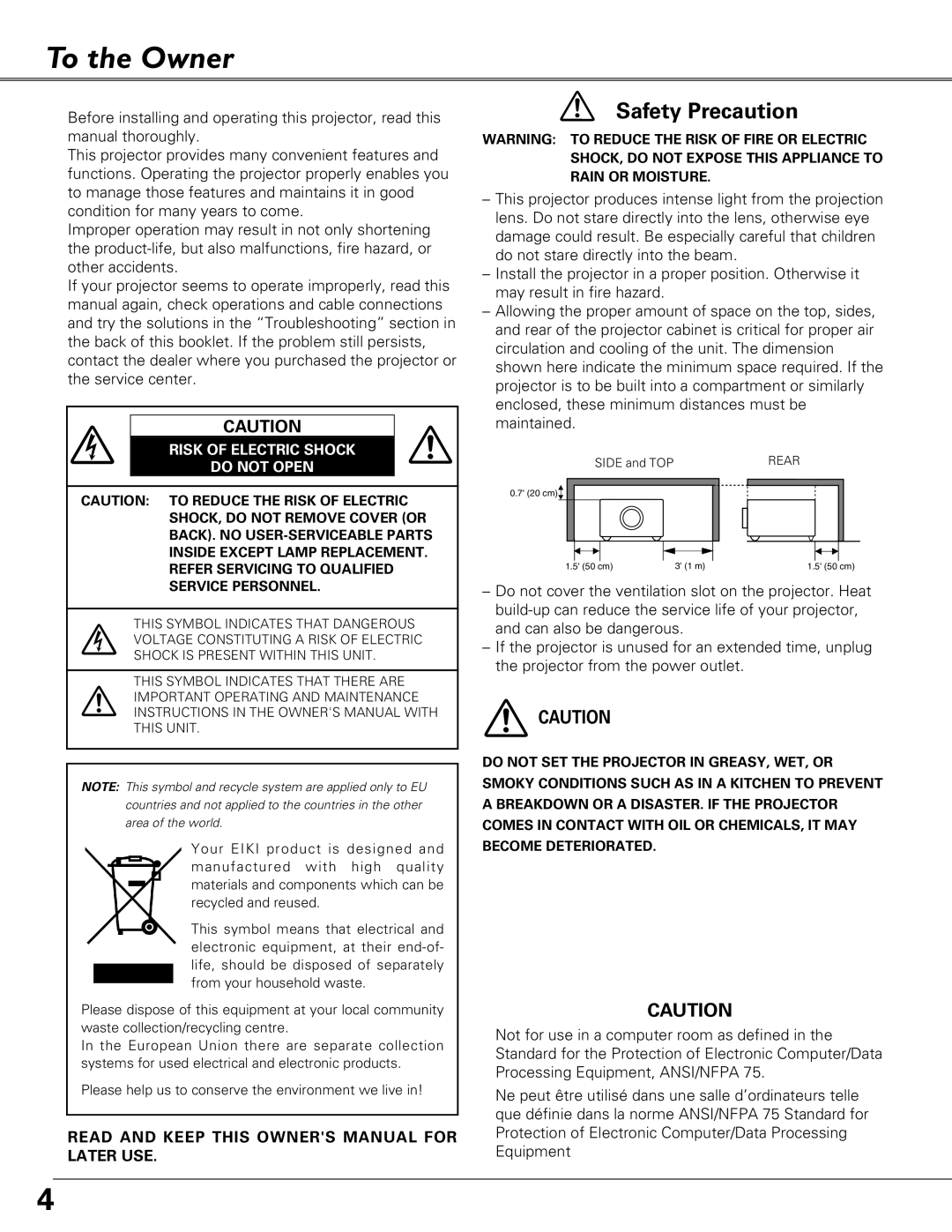Eiki LC-XB41 owner manual To the Owner, Safety Precaution, Risk Of Electric Shock Do Not Open 