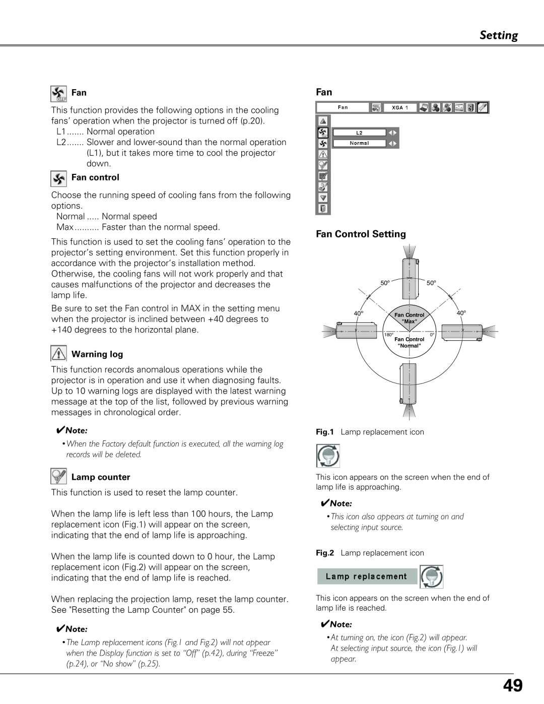 Eiki LC-XB41 owner manual Setting, Fan control, Warning log, Lamp counter 