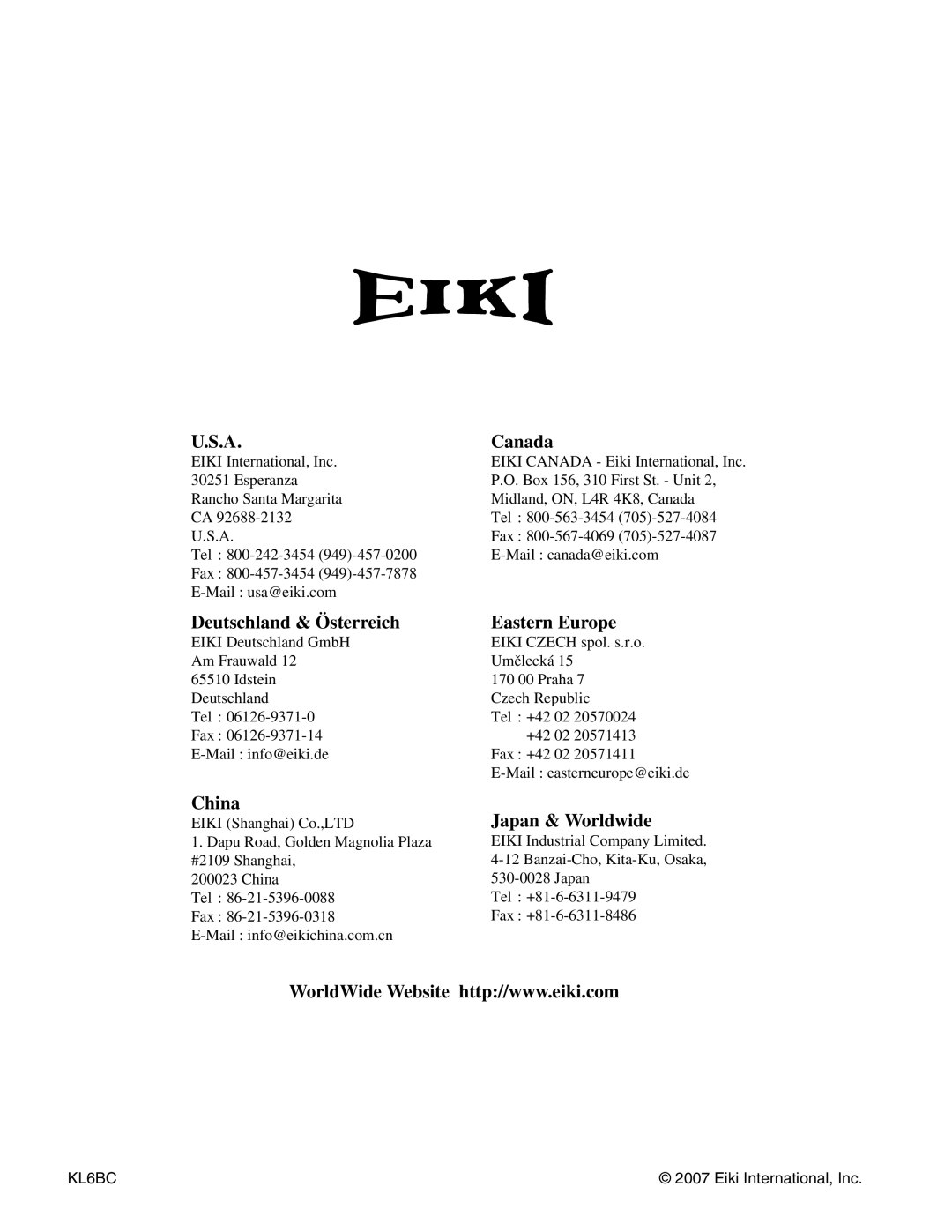 Eiki LC-XB41 owner manual U.S.A, Canada, Deutschland & Österreich, Eastern Europe, China, Japan & Worldwide 