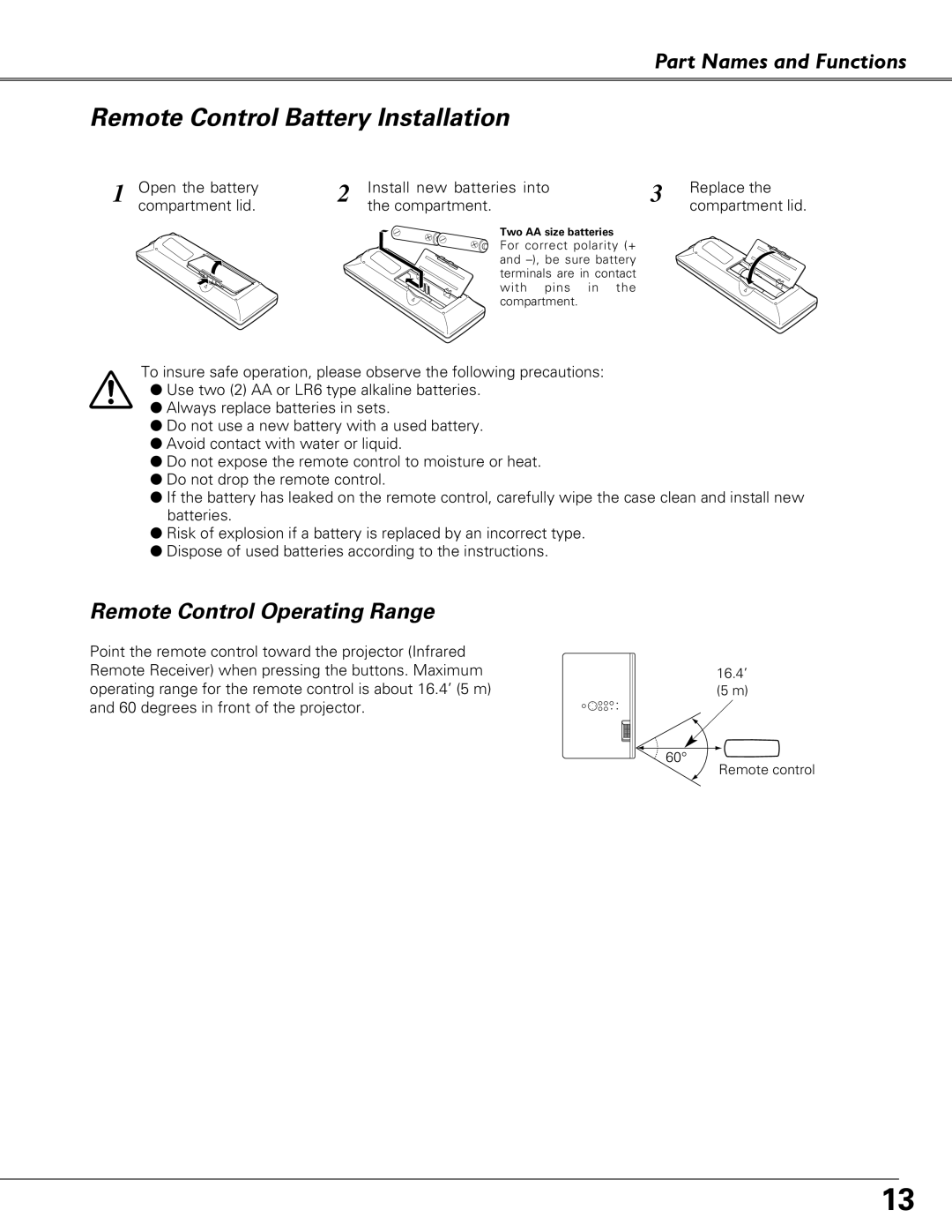 Eiki LC-XB41 owner manual Remote Control Battery Installation, Remote Control Operating Range 