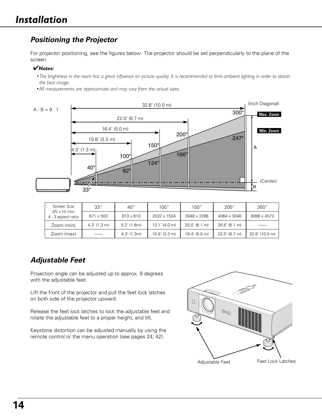 Eiki LC-XB41 owner manual Installation, Positioning the Projector, Adjustable Feet 