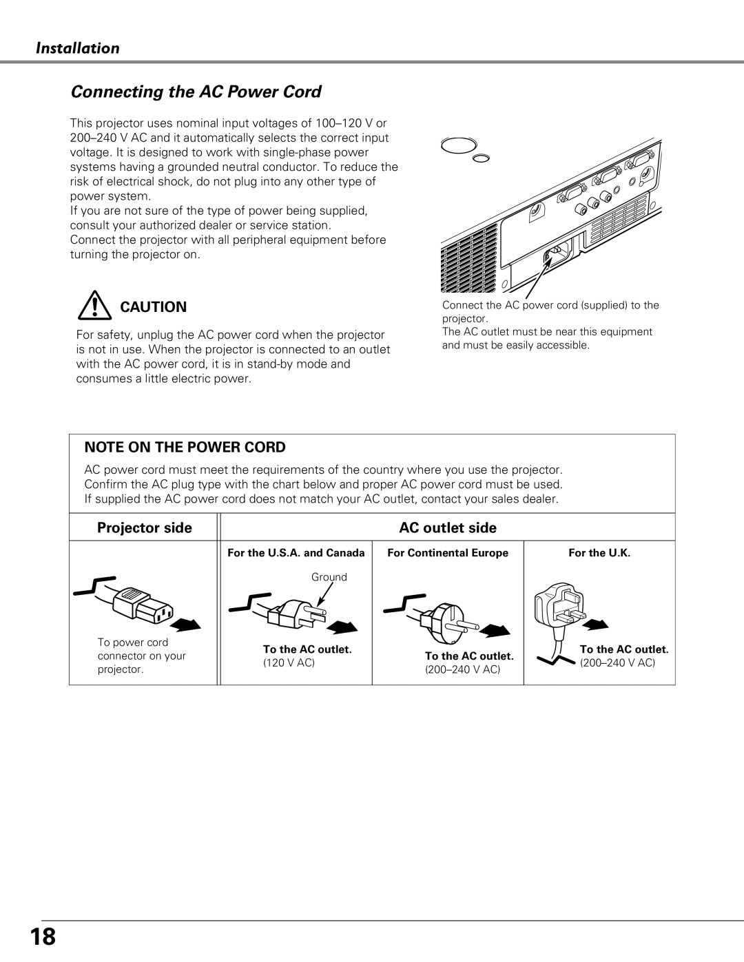 Eiki LC-XB41 owner manual Installation Connecting the AC Power Cord, Projector side AC outlet side 