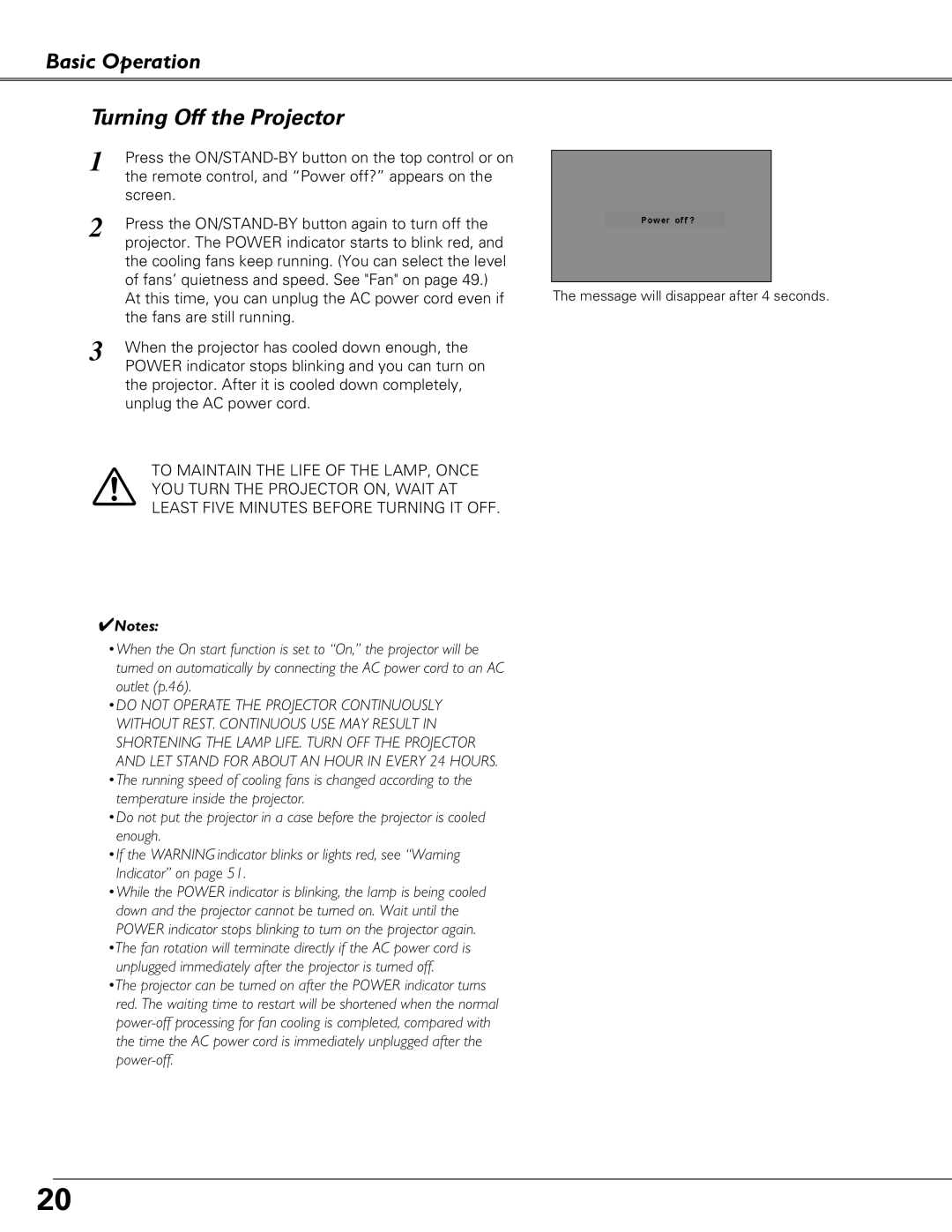 Eiki LC-XB41 owner manual Basic Operation Turning Off the Projector 