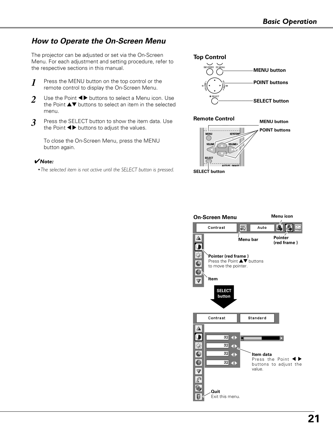 Eiki LC-XB41 owner manual Basic Operation How to Operate the On-Screen Menu, Top Control, Remote Control 