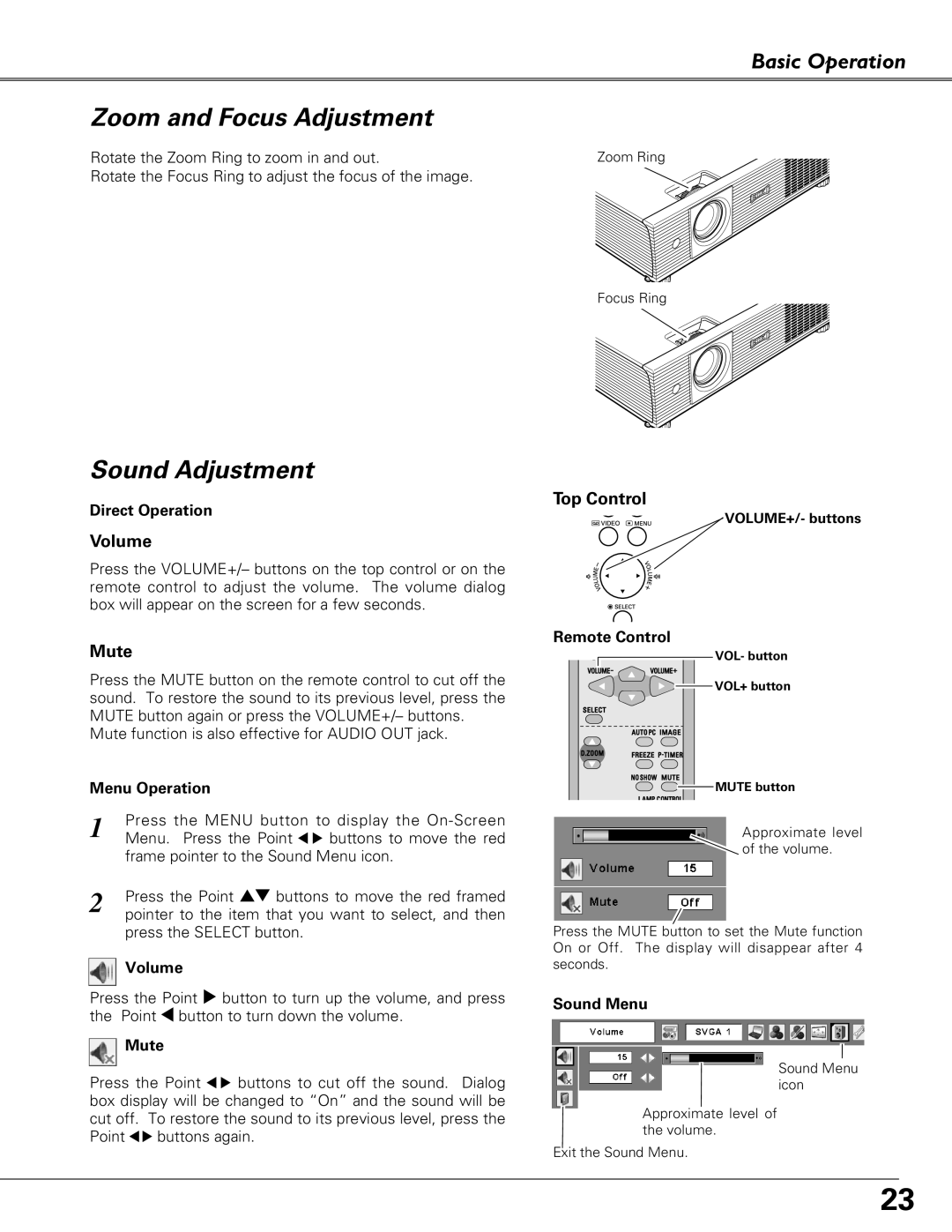 Eiki LC-XB41 owner manual Zoom and Focus Adjustment, Sound Adjustment, Volume, Mute 