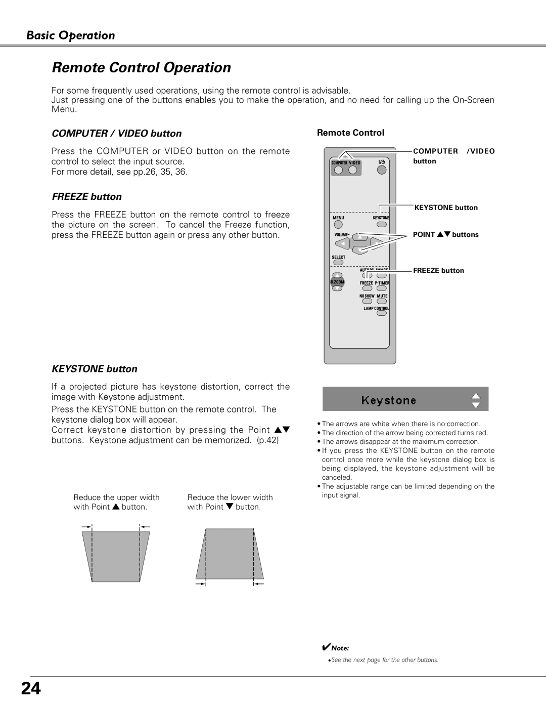 Eiki LC-XB41 owner manual Remote Control Operation, Computer / Video button 