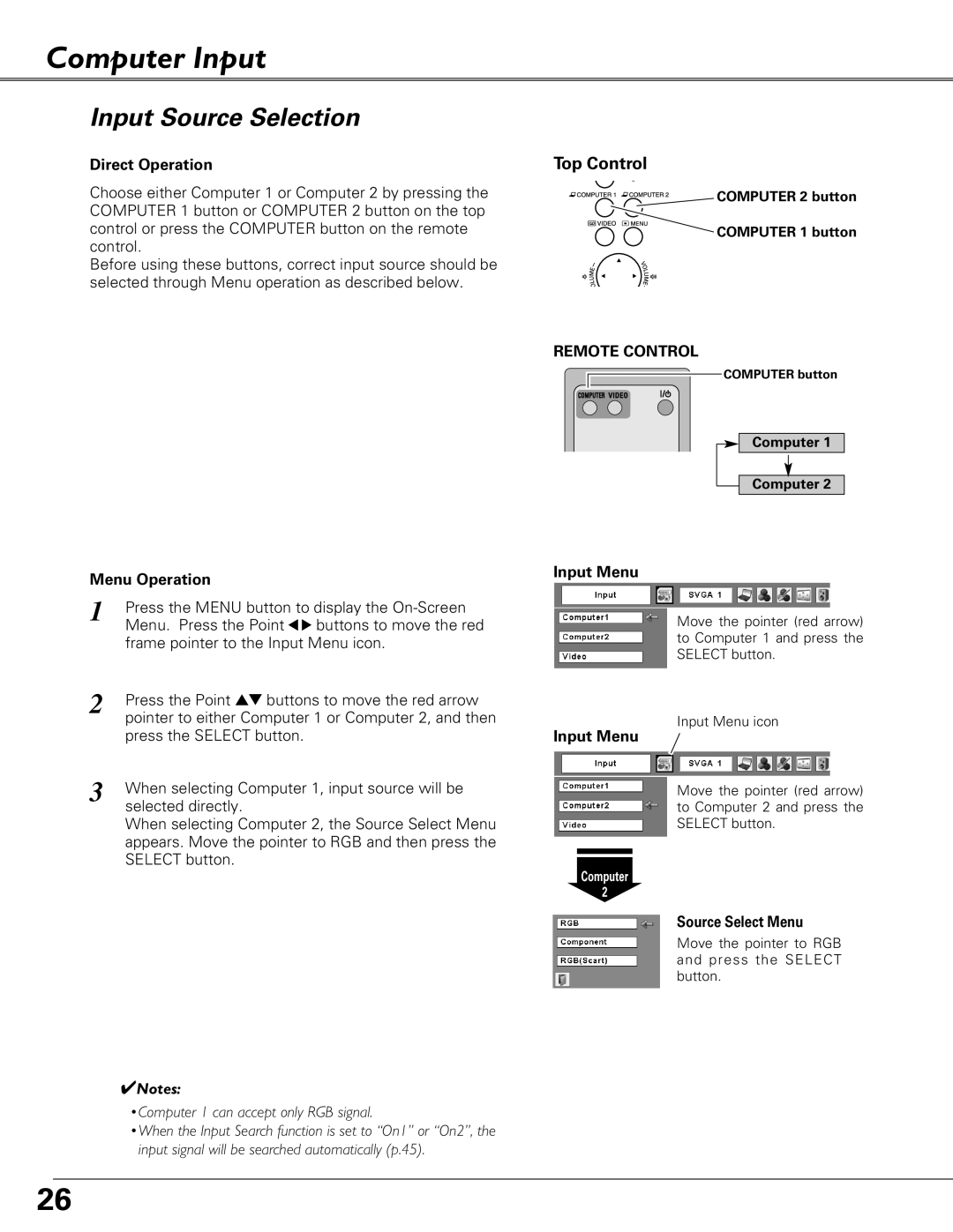 Eiki LC-XB41 owner manual Computer Input, Input Source Selection, Input Menu, Source Select Menu 