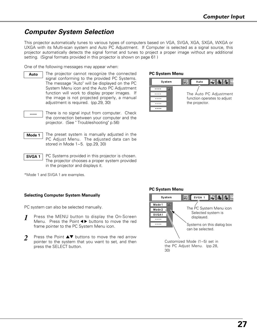 Eiki LC-XB41 owner manual Computer System Selection, Computer Input, Selecting Computer System Manually 