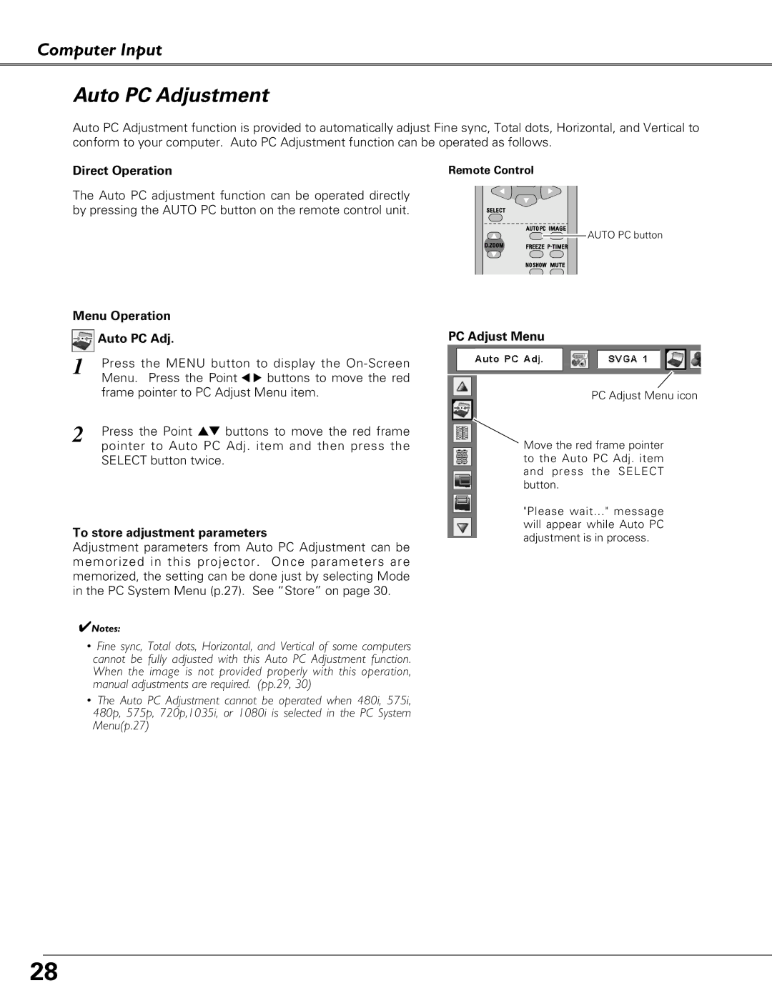 Eiki LC-XB41 owner manual Auto PC Adjustment, Menu Operation Auto PC Adj, To store adjustment parameters, PC Adjust Menu 