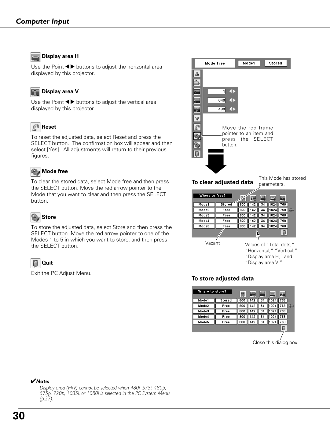 Eiki LC-XB41 owner manual To clear adjusted data parameters, To store adjusted data 