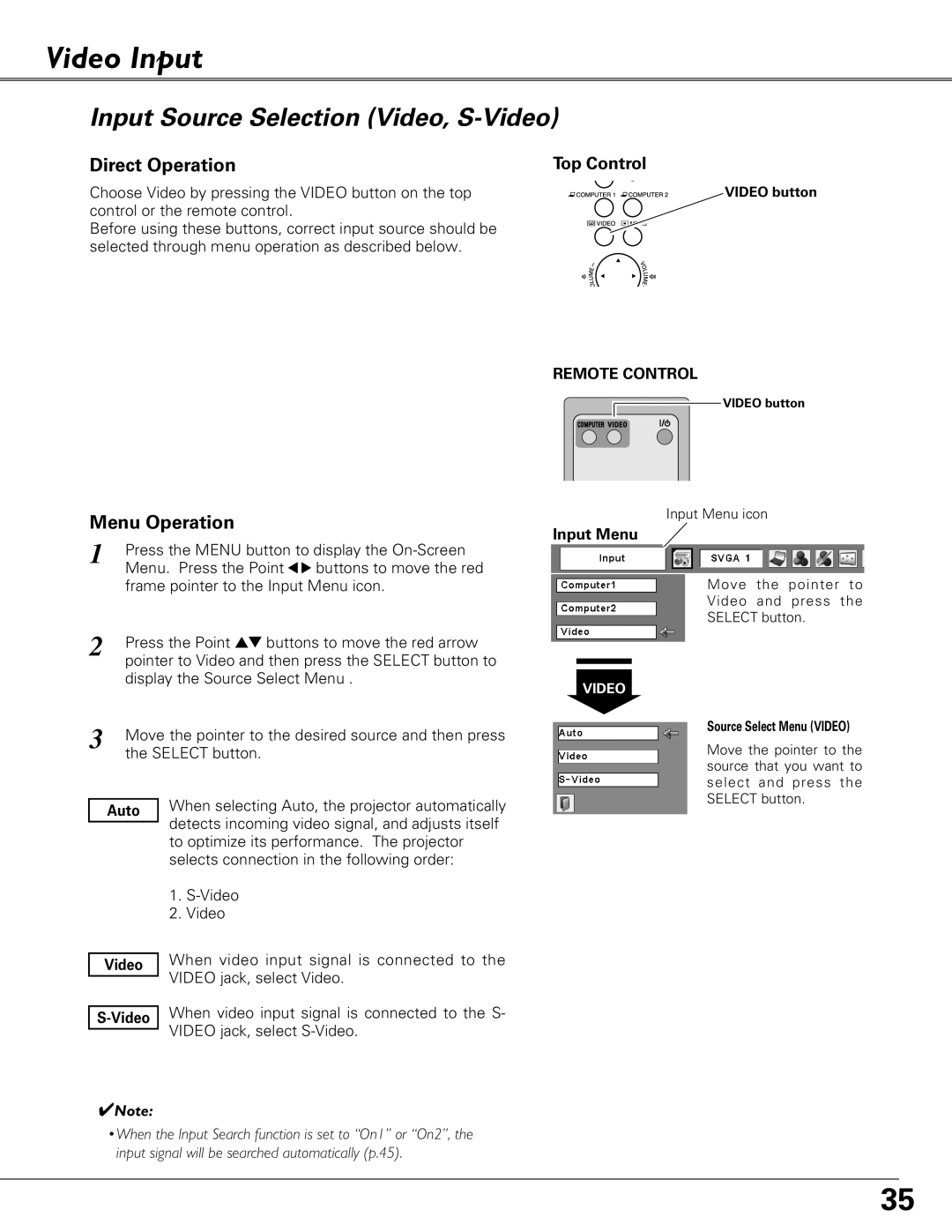 Eiki LC-XB41 owner manual Video Input, Input Source Selection Video, S-Video 