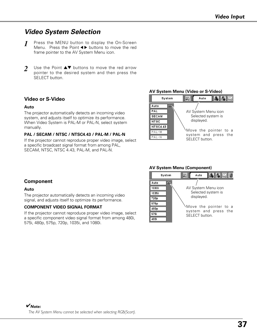 Eiki LC-XB41 owner manual Video System Selection, Auto, AV System Menu Video or S-Video, AV System Menu Component 