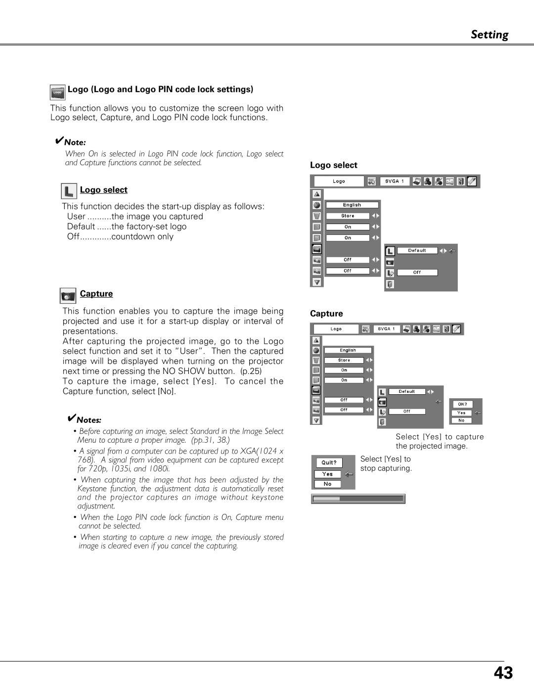 Eiki LC-XB41 owner manual Setting, Logo Logo and Logo PIN code lock settings, Logo select, Capture 