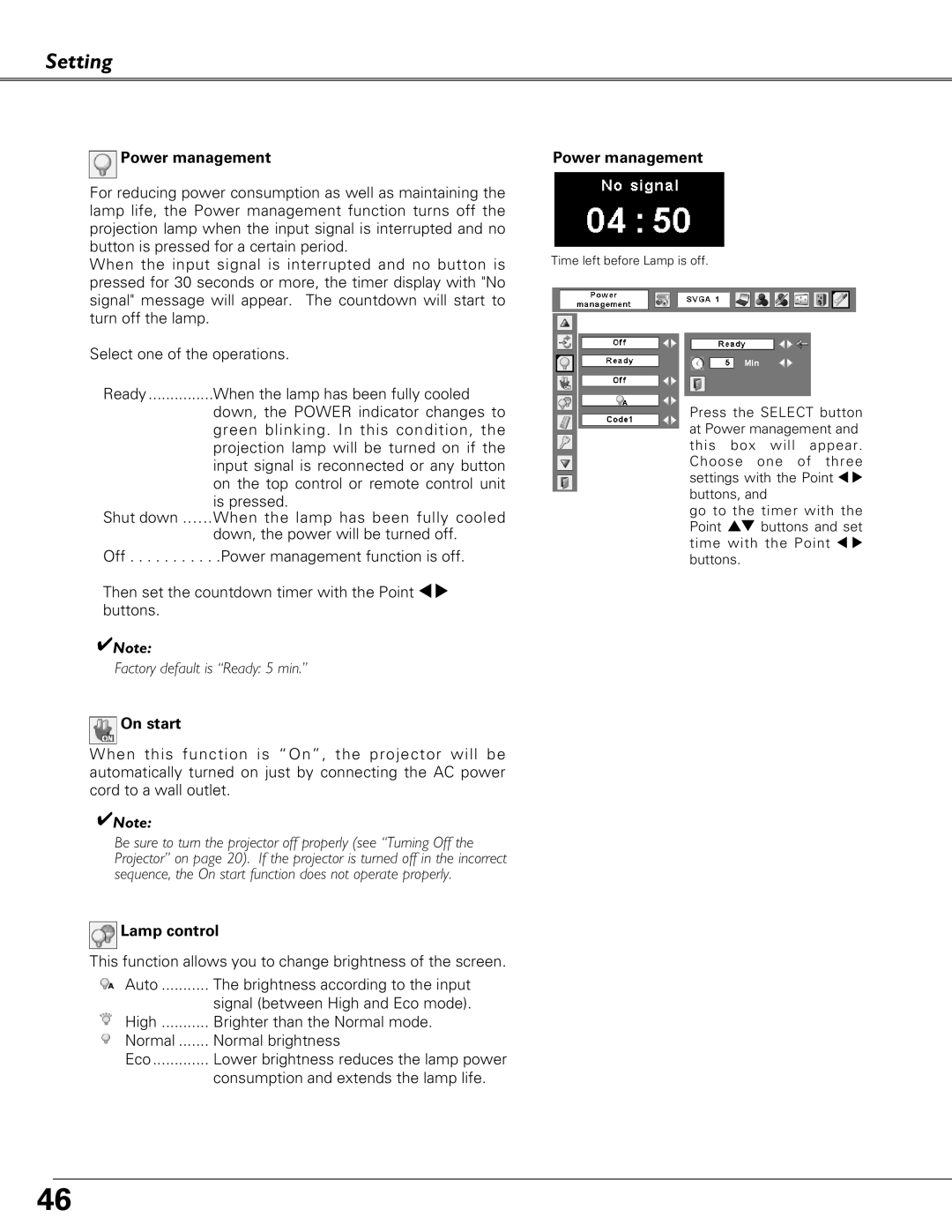 Eiki LC-XB41 owner manual Power management, On start, Lamp control 