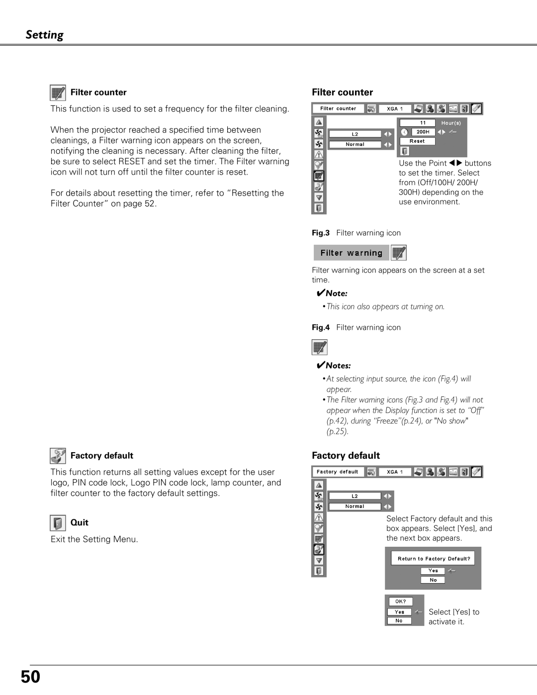 Eiki LC-XB41 owner manual Factory default, Filter counter 