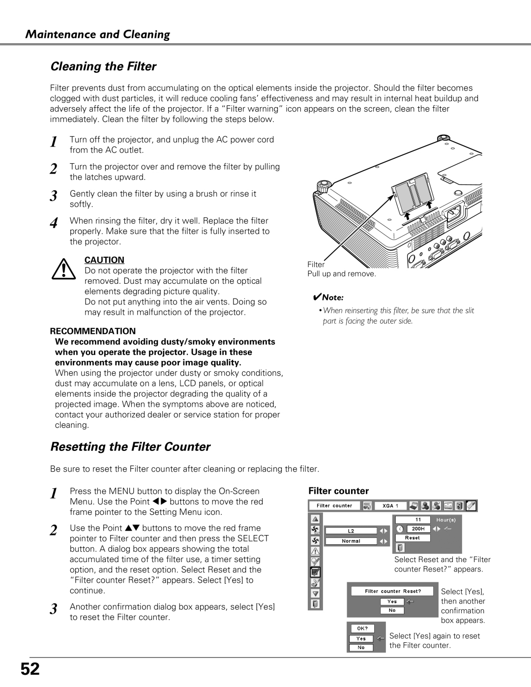 Eiki LC-XB41 owner manual Maintenance and Cleaning Cleaning the Filter, Resetting the Filter Counter 