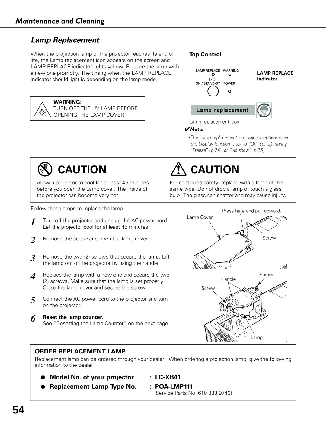 Eiki LC-XB41 owner manual Maintenance and Cleaning Lamp Replacement, Reset the lamp counter, Service Parts No 333 