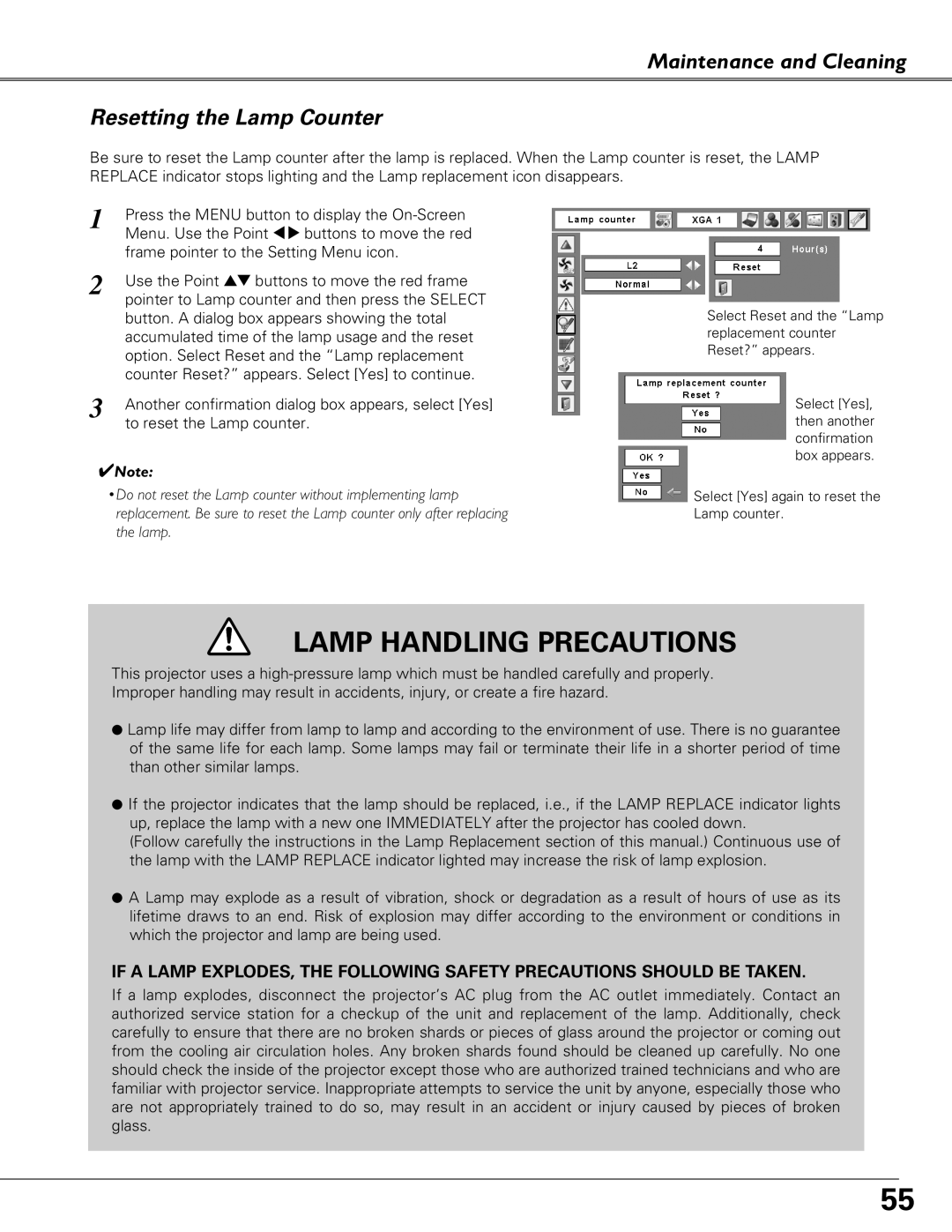 Eiki LC-XB41 owner manual Lamp Handling Precautions, Maintenance and Cleaning Resetting the Lamp Counter 