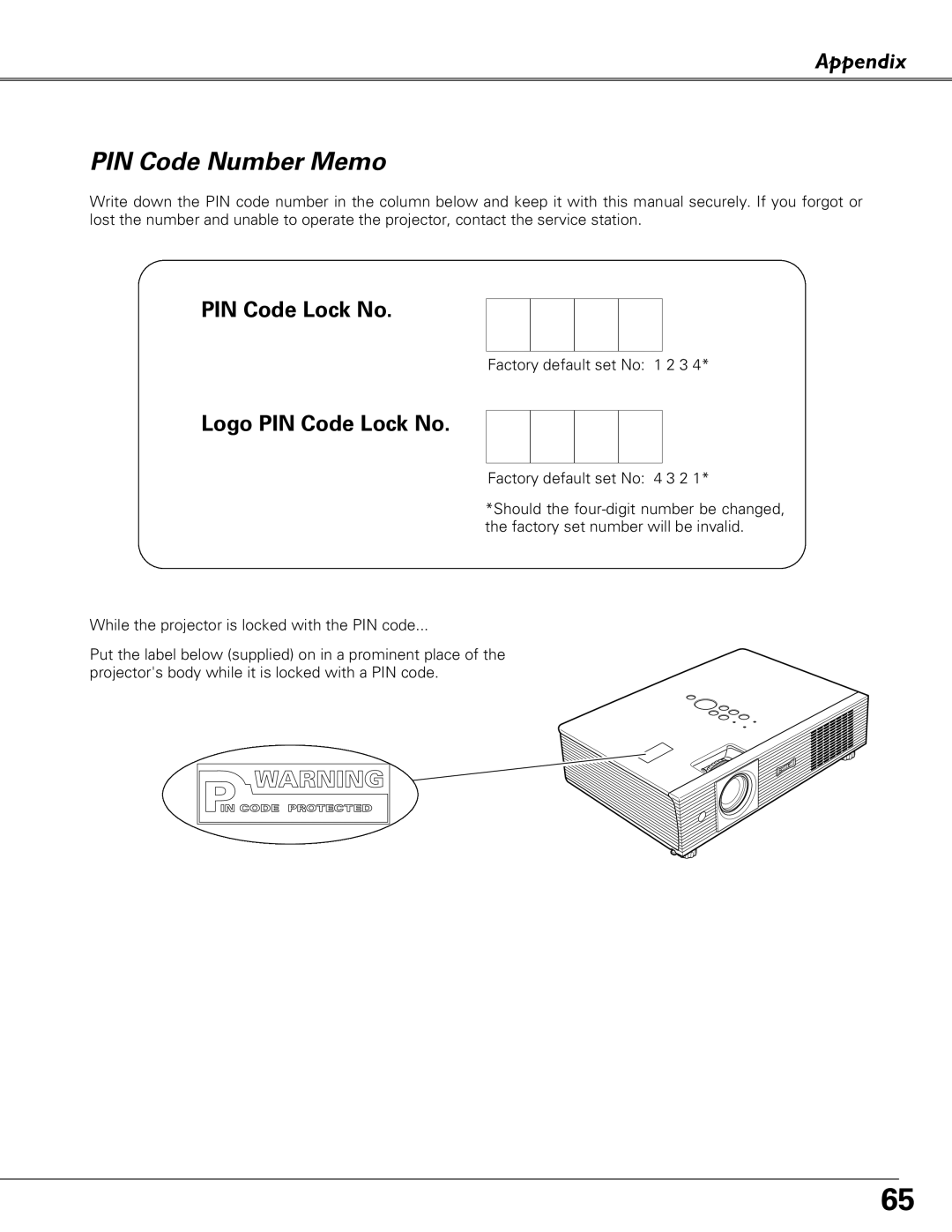 Eiki LC-XB41 owner manual PIN Code Number Memo, Logo PIN Code Lock No 