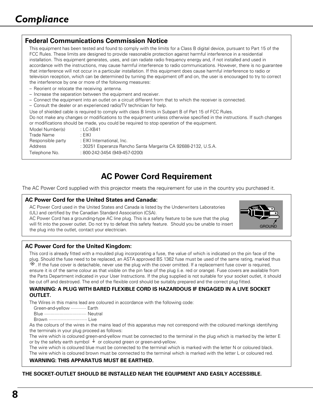 Eiki LC-XB41 owner manual Compliance, AC Power Cord for the United States and Canada, AC Power Cord for the United Kingdom 