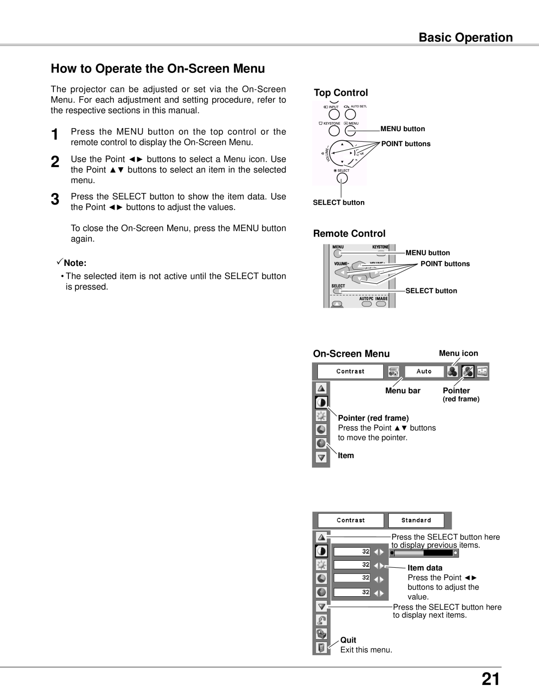 Eiki LC-XB42 owner manual Basic Operation, How to Operate the On-Screen Menu, Top Control, Remote Control, Note 