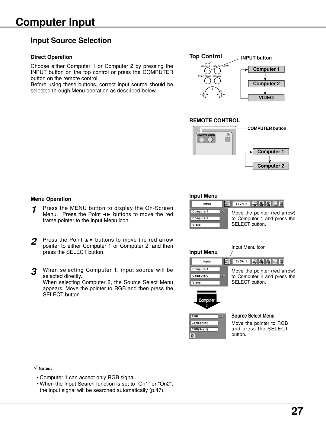 Eiki LC-XB42 Computer Input, Input Source Selection, Direct Operation, Remote Control, Menu Operation, Source Select Menu 