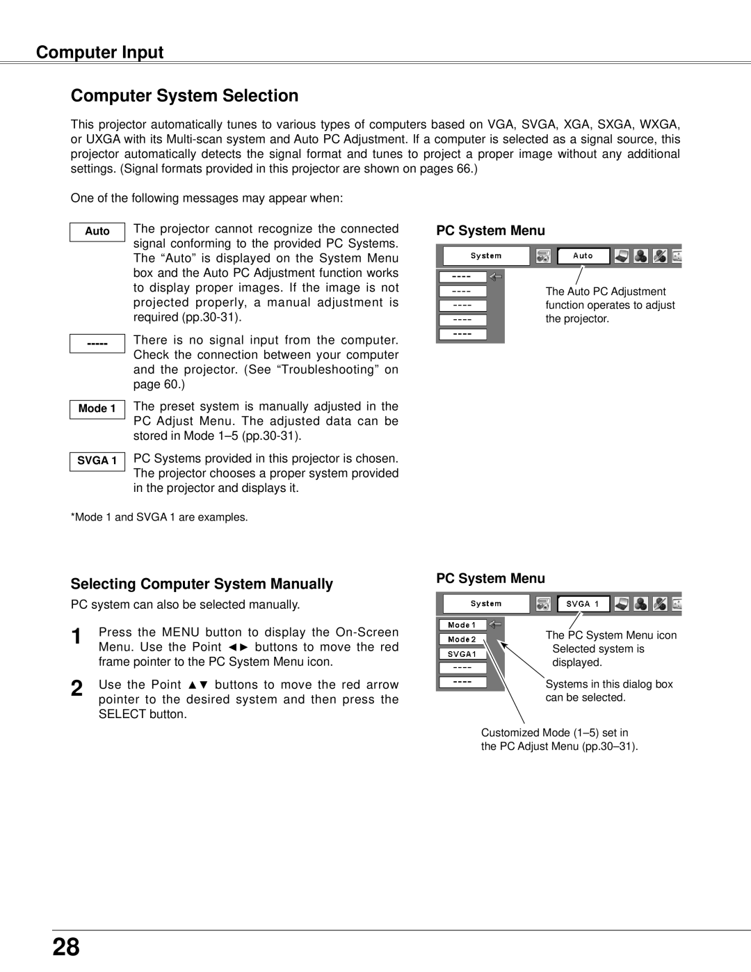 Eiki LC-XB42 owner manual Computer Input Computer System Selection, Selecting Computer System Manually 