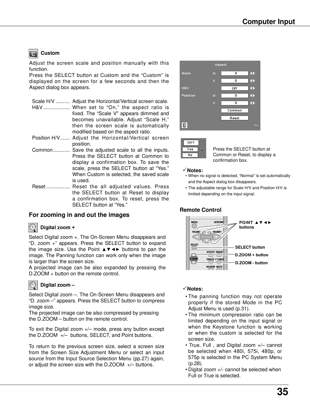 Eiki LC-XB42 owner manual For zooming in and out the images, Computer Input, Custom, Digital zoom +, Notes 