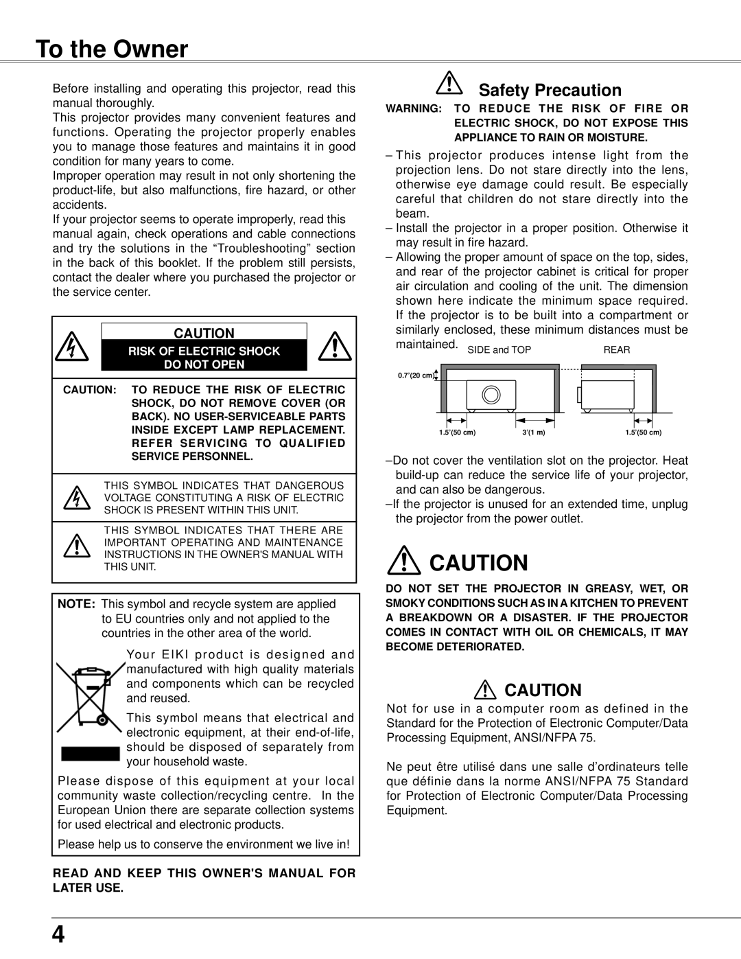 Eiki LC-XB42 owner manual To the Owner, Safety Precaution, Risk Of Electric Shock Do Not Open 