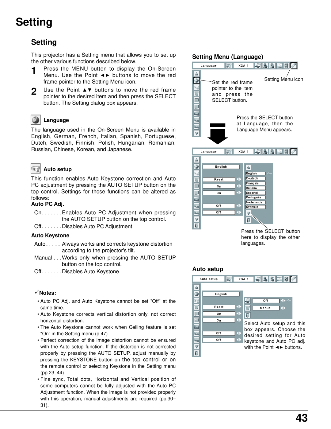 Eiki LC-XB42 owner manual Setting, Language, Auto setup, Auto PC Adj, Auto Keystone, Notes 