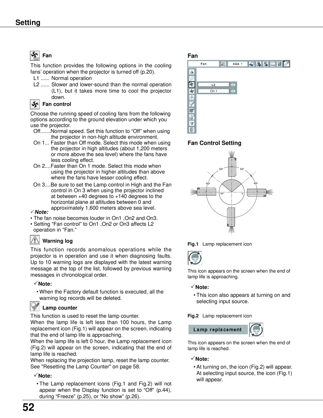 Eiki LC-XB42 owner manual Setting, Fan control, Warning log, Note, Lamp counter 