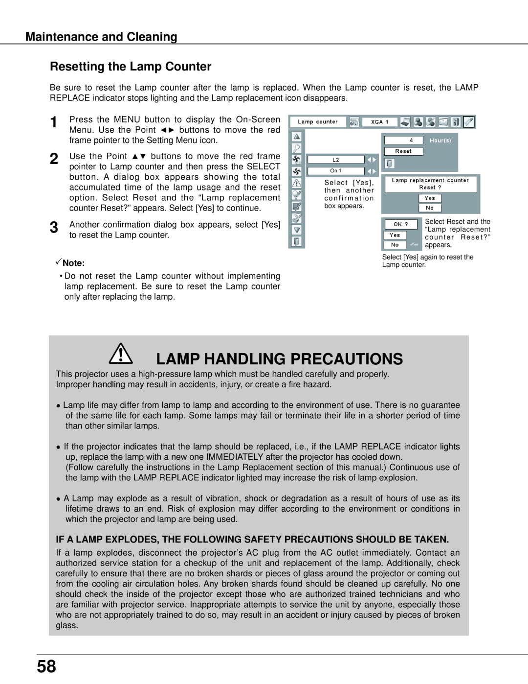 Eiki LC-XB42 owner manual Maintenance and Cleaning Resetting the Lamp Counter, Lamp Handling Precautions, Note 