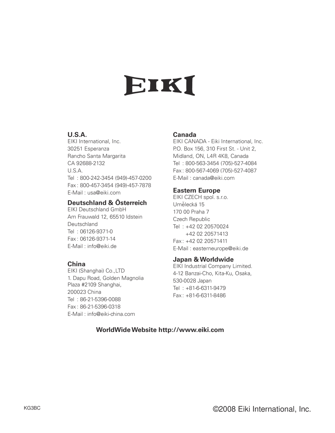 Eiki LC-XB42 U.S.A, Deutschland & Österreich, China, Canada, Eastern Europe, Japan & Worldwide, Eiki International, Inc 