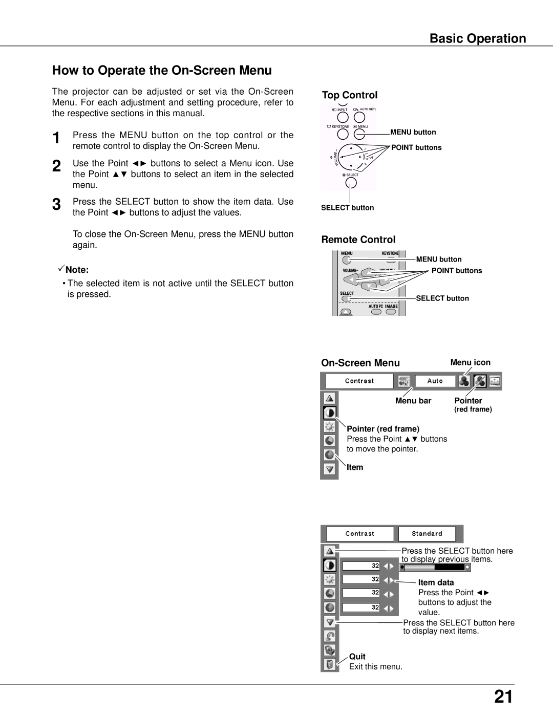 Eiki LC-XB42 owner manual Basic Operation How to Operate the On-Screen Menu, Top Control, Remote Control 