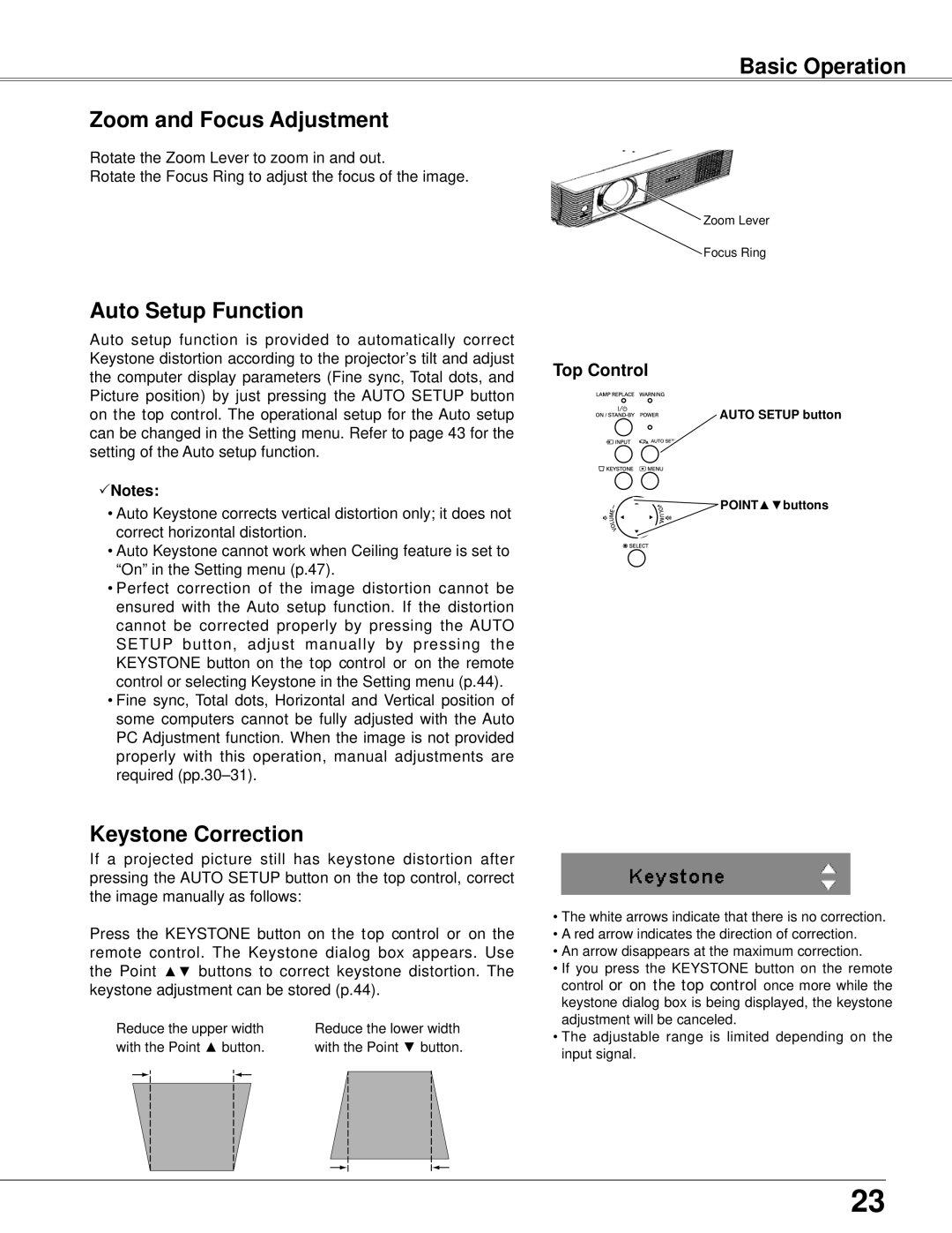 Eiki LC-XB42 owner manual Basic Operation Zoom and Focus Adjustment, Auto Setup Function, Keystone Correction 