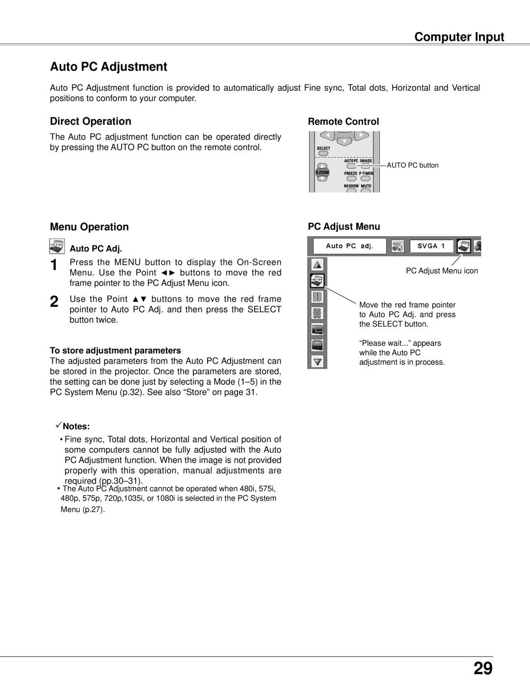 Eiki LC-XB42 owner manual Computer Input Auto PC Adjustment, To store adjustment parameters 